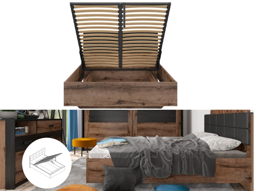 Double Ottoman Bed Frame Luxury Euro 140cm Lift Up Storage Bed Dark Oak Black Eco Leather Headboard - Kassel