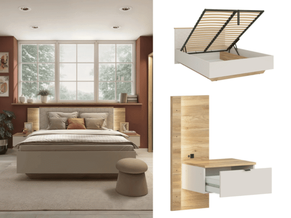 Beige bed ottoman king size bed frame lift up storage with bed side tables led lights usb usbc charging media headboard modern luxury bedroom