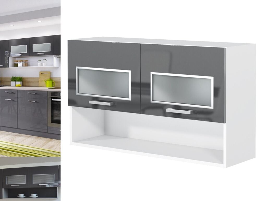 Kitchen Display Cabinet 100cm 1000mm Unit Wall Glass Unit White Shelf Grey Gloss Lift Up Doors - Modern Luxe