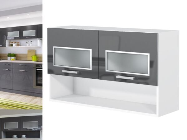 Kitchen Display Cabinet 100cm 1000mm Unit Wall Glass Unit White Shelf Grey Gloss Lift Up Doors - Modern Luxe