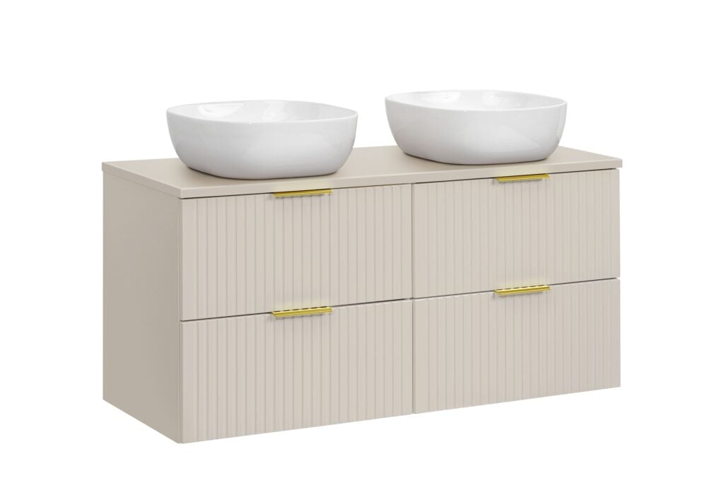 Double Vanity Unit with Basin Fluted Beige Floating Wall Hung Bathroom Sink Cabinet 1200mm Countertop - Adel