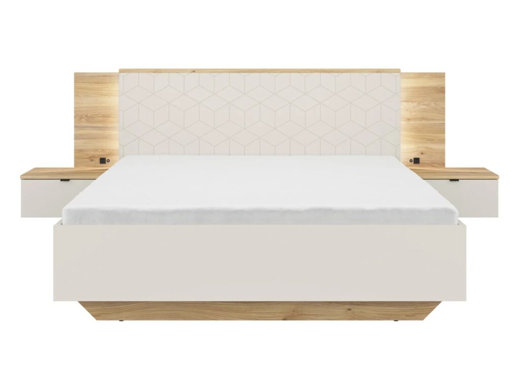 Beige Bed King Size Ottoman Lift Up Storage Frame with Bed Side Tables LED Lights USB USBC Charges - Glamour