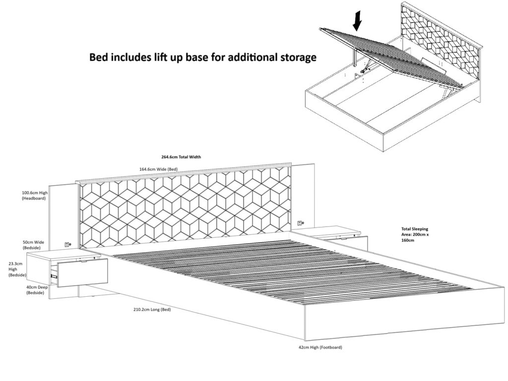 Beige Bed King Size Ottoman Lift Up Storage Frame with Bed Side Tables LED Lights USB USBC Charges - Glamour