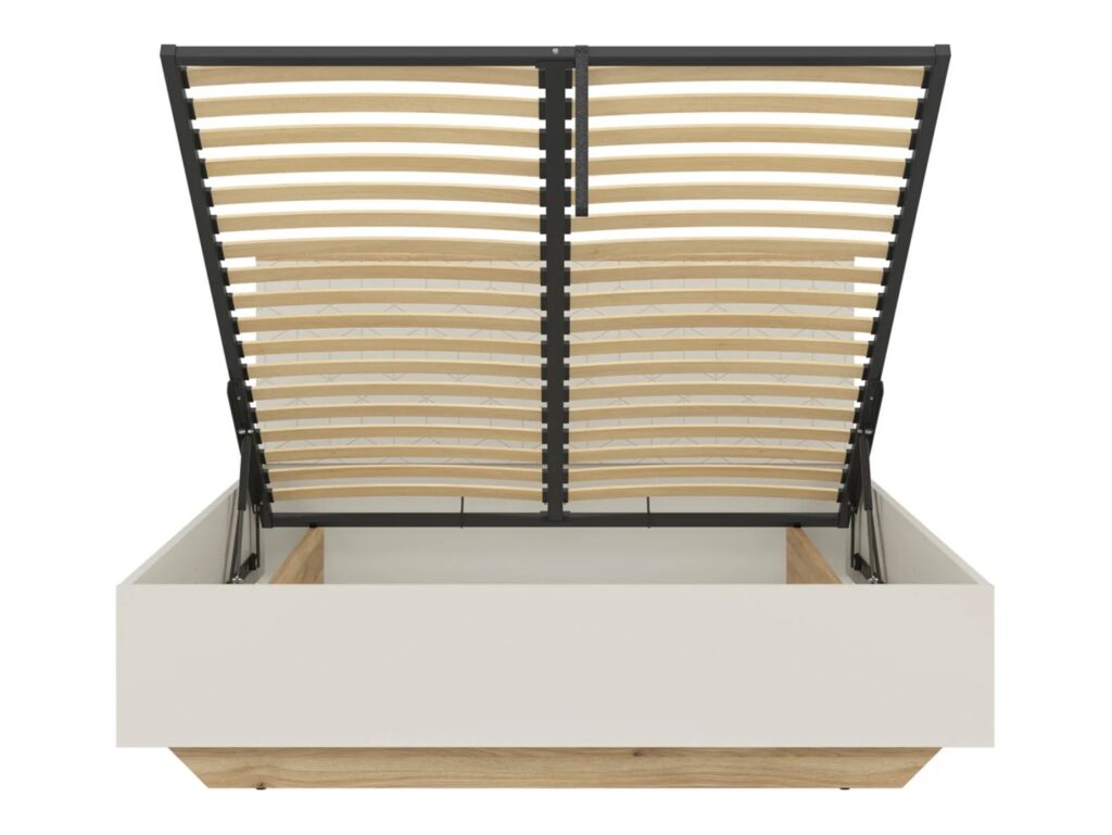 Beige Bed King Size Ottoman Lift Up Storage Frame with Bed Side Tables LED Lights USB USBC Charges - Glamour