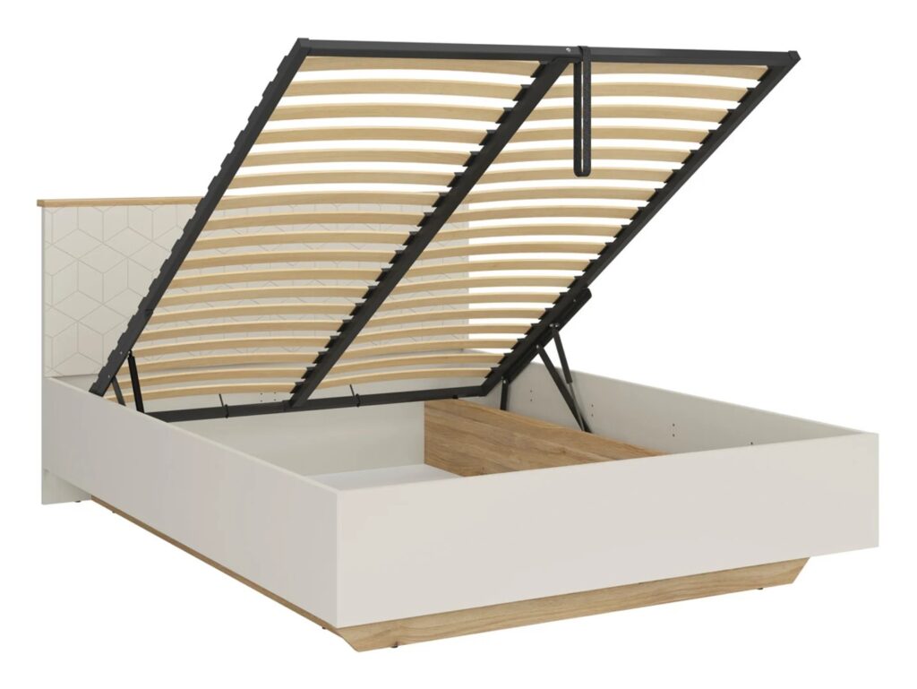 Beige Bed King Size Ottoman Lift Up Storage Frame with Bed Side Tables LED Lights USB USBC Charges - Glamour