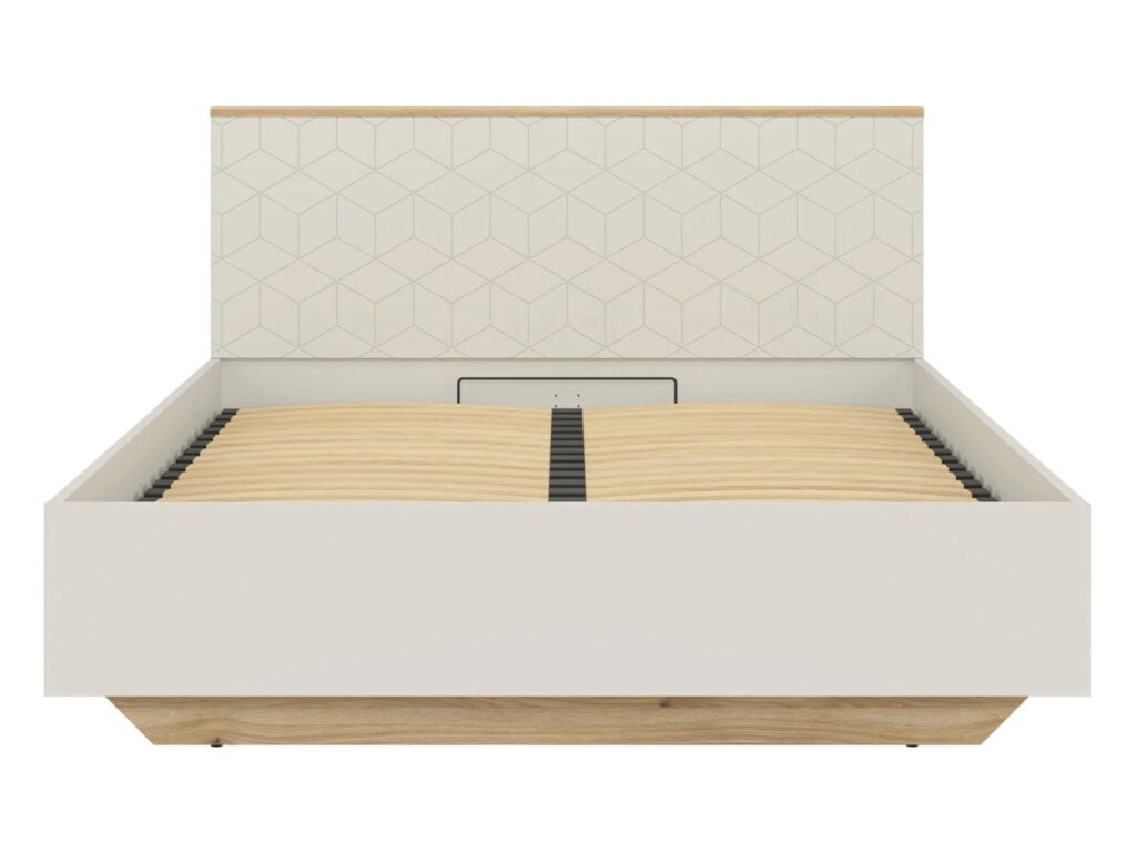 Beige Bed King Size Ottoman Lift Up Storage Frame with Bed Side Tables LED Lights USB USBC Charges - Glamour