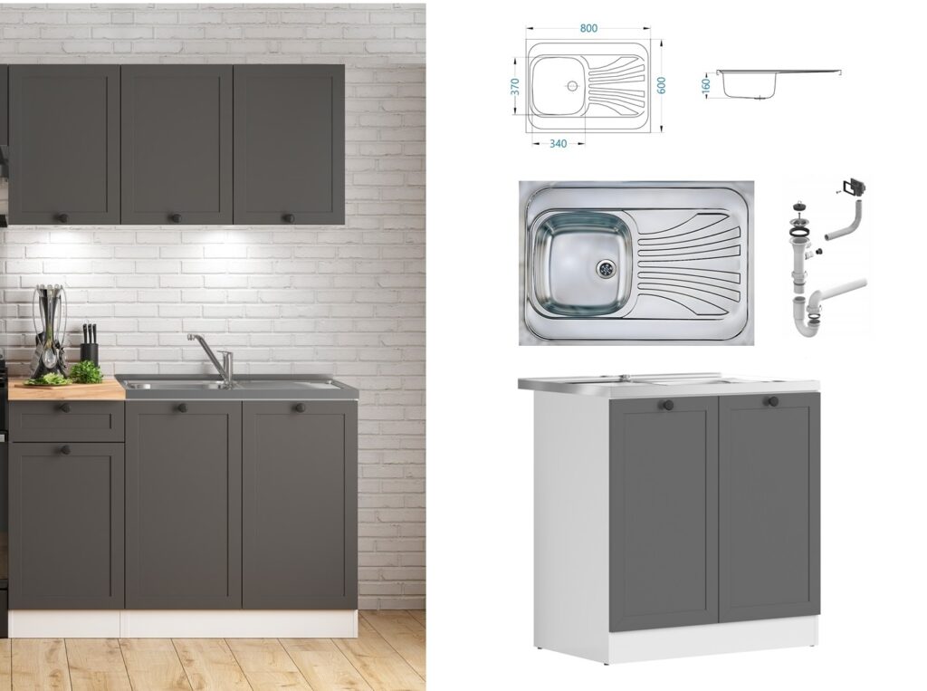 Kitchen Sink and Base Unit All in One Cabinet 800mm Sit On Sink Complete Freestanding Dark Grey Shaker - Junona
