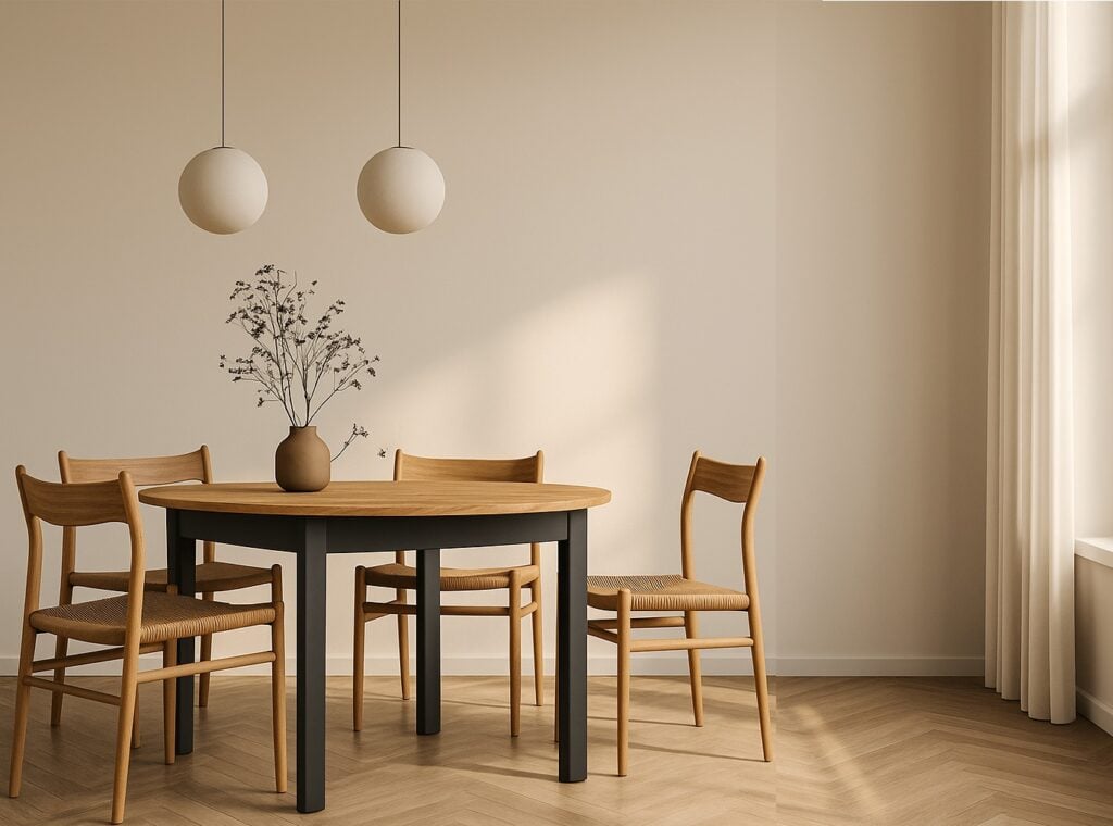 Round Kitchen Table Extendable Dining Table 105cm to 240cm Oval Oak Effect Top Black Legs 4 to 12 Seater – Indus