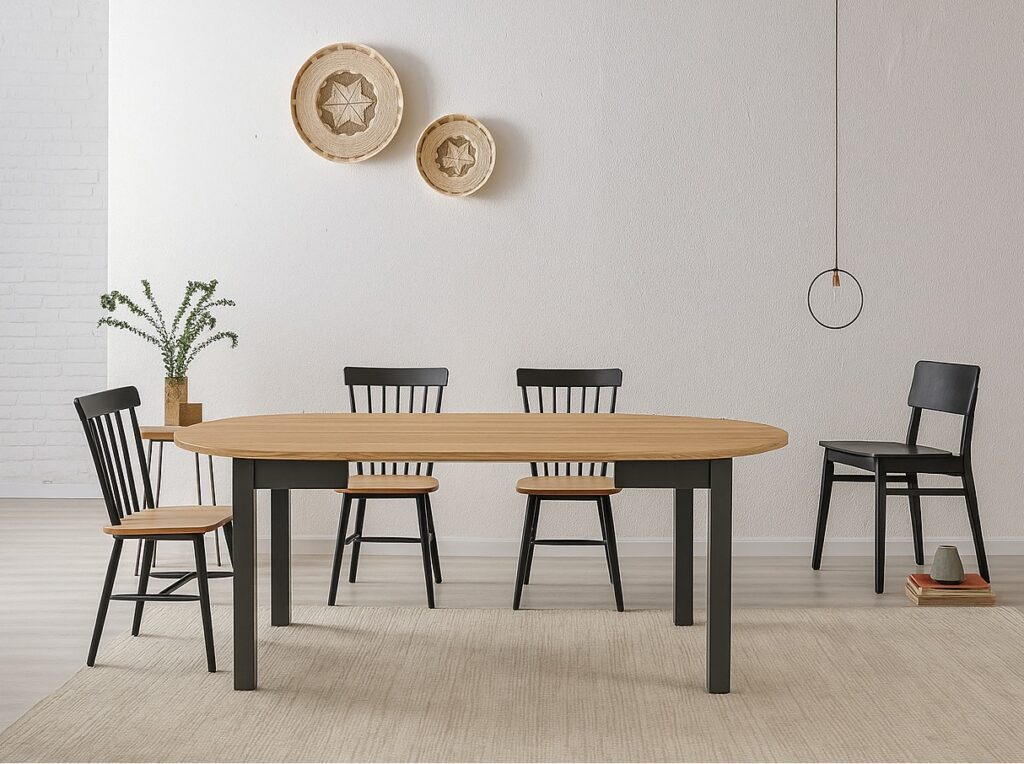 Round Extendable Dining Table Oval Oak Effect Top Black Legs 4 6 8 10 12 Seater Extends 105cm to 240cm – Indus