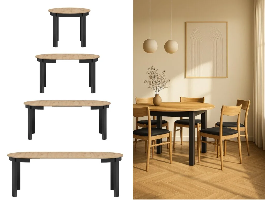Round Extendable Dining Table Oval Oak Effect Top Black Legs 4 6 8 10 12 Seater Extends 105cm to 240cm – Indus