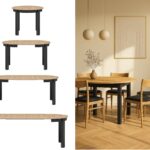 Round dining table for 4. Extending round kitchen table seating 4-12 people. Oak effect top extendable to oval from 105 to 240cm. Modern Black leg frame.