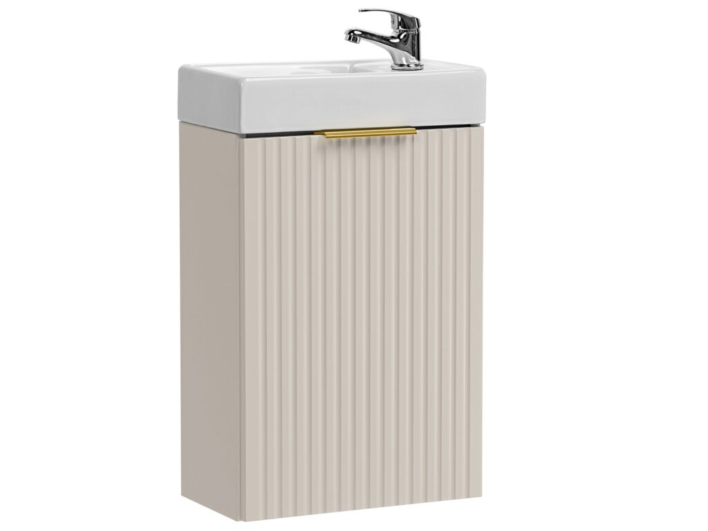 Wall Hung Cloakroom Vanity Unit Slimline Cashmere Beige Fluted 400mm Small Bathroom Sink Cabinet - Adel