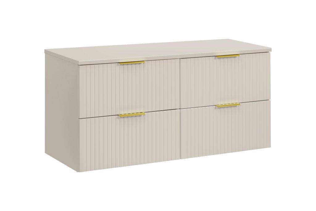 Bathroom Double Vanity Unit 4 Drawer Beige Floating Wall Sink Cabinet 120cm Countertop Fluted Fronts - Adel