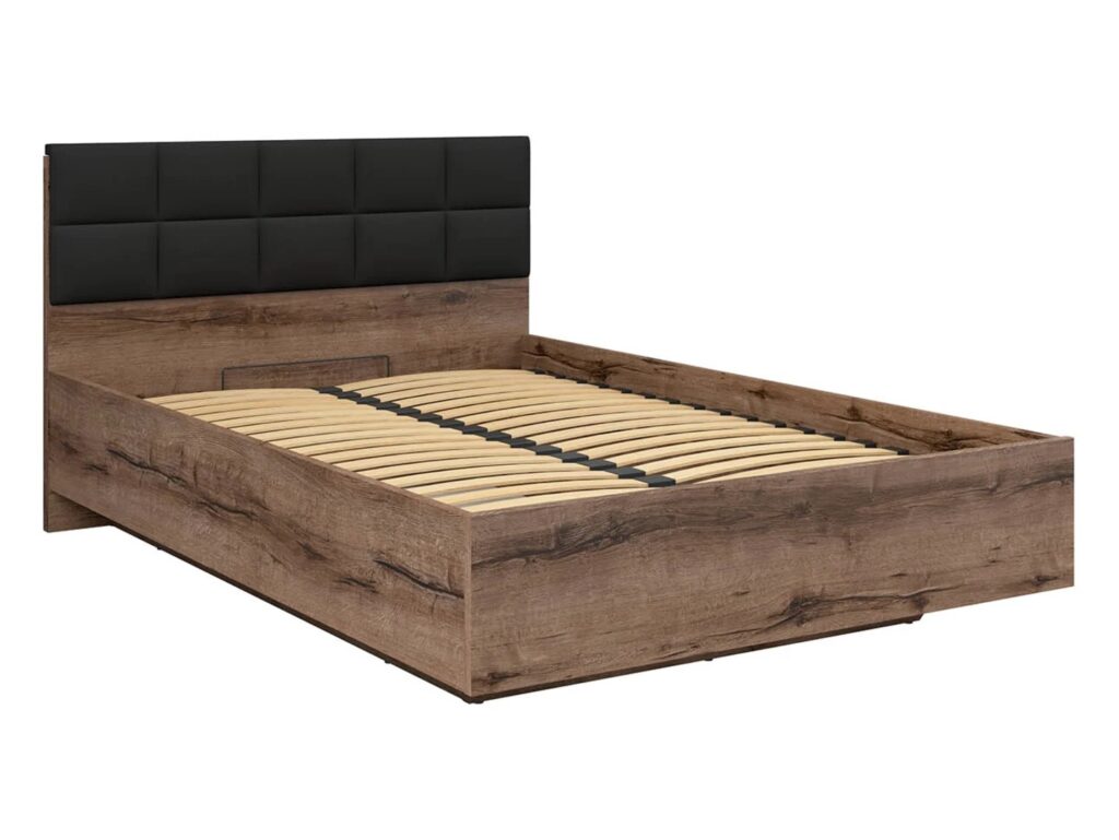 Double Ottoman Bed Frame Luxury Euro 140cm Lift Up Storage Bed Dark Oak Black Eco Leather Headboard - Kassel