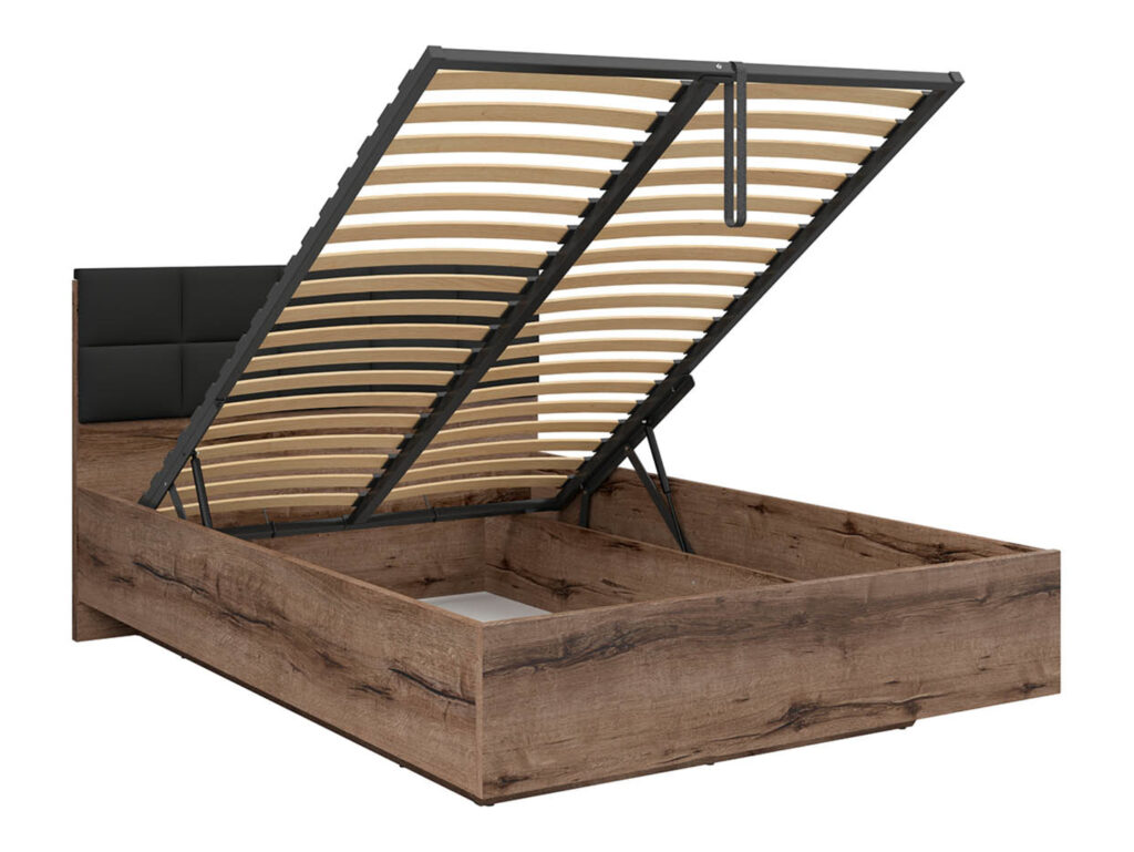 Double Ottoman Bed Frame Luxury Euro 140cm Lift Up Storage Bed Dark Oak Black Eco Leather Headboard - Kassel
