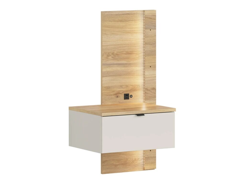 Beige Bed King Size Ottoman Lift Up Storage Frame with Bed Side Tables LED Lights USB USBC Charges - Glamour