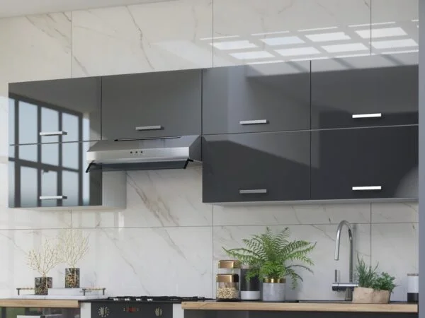 Storage Cabinet Set 7 Units 600mm Kitchen Utility Wall Half Height Lift Up Doors Gas Piston 240cm Grey Gloss - Luxe