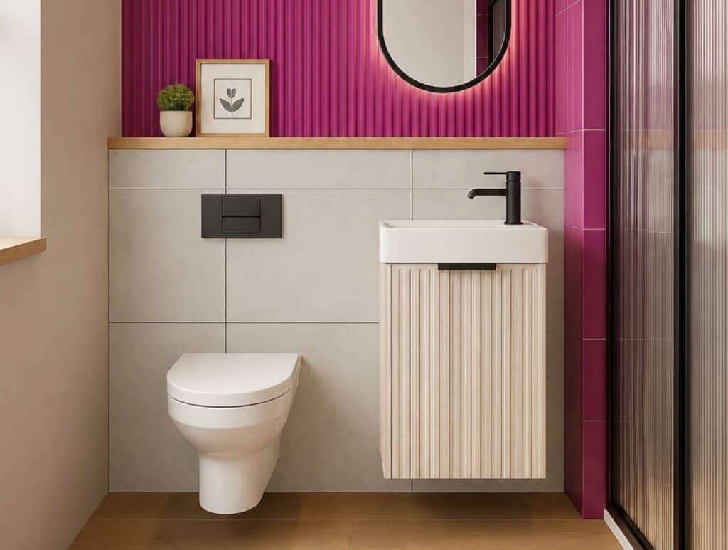Small Cloakroom Vanity Unit with Sink Slim Wash Basin Compact Cabinet Cashmere Beige Fluted 400mm Wall Hung - Adel