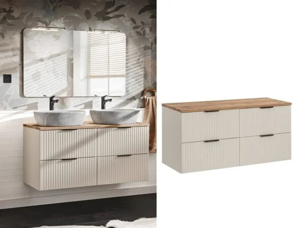 Bathroom Double Vanity Unit with Drawers Fluted Beige Floating Wall Sink Cabinet 120cm Oak Countertop - Adel