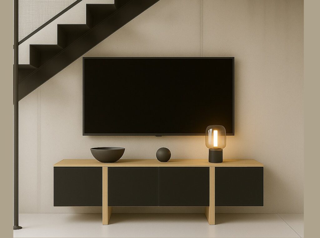 TV Stand Cabinet Media Entertainment Storage Unit 4 Doors Wire Vent Oak and Black Handleless Modern 160cm - Kiznie