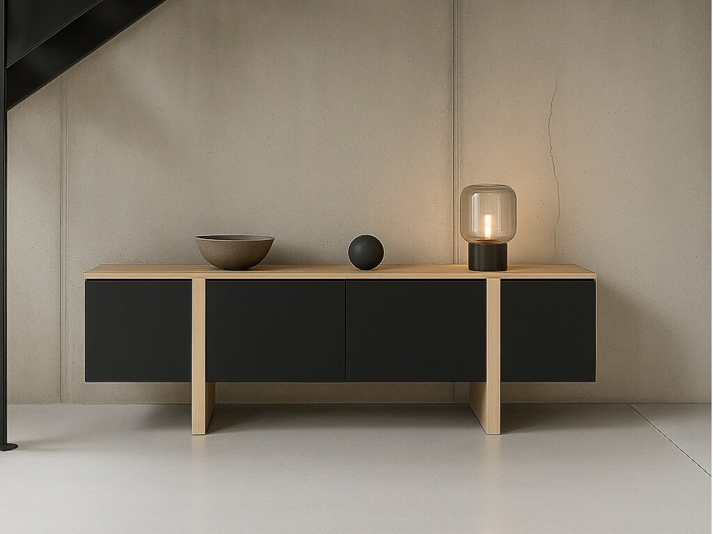 TV Stand Cabinet Media Entertainment Storage Unit 4 Doors Wire Vent Oak and Black Handleless Modern 160cm - Kiznie
