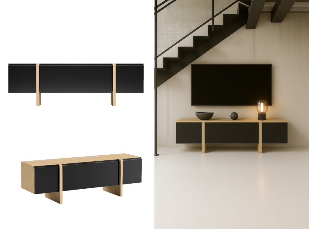 TV Stand Cabinet Media Entertainment Storage Unit 4 Doors Wire Vent Oak and Black Handleless Modern 160cm - Kiznie