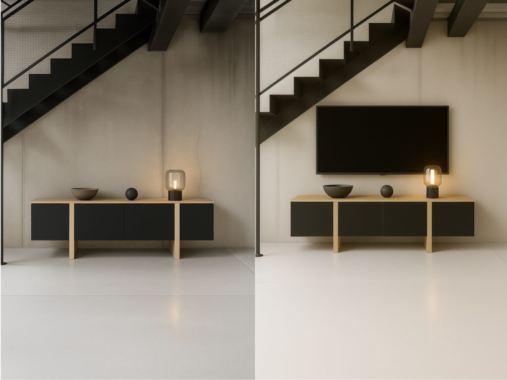 TV Stand Cabinet Media Entertainment Storage Unit 4 Doors Wire Vent Oak and Black Handleless Modern 160cm - Kiznie