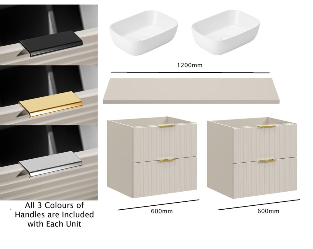 Double Vanity Unit with Basin Fluted Beige Floating Wall Hung Bathroom Sink Cabinet 1200mm Countertop - Adel