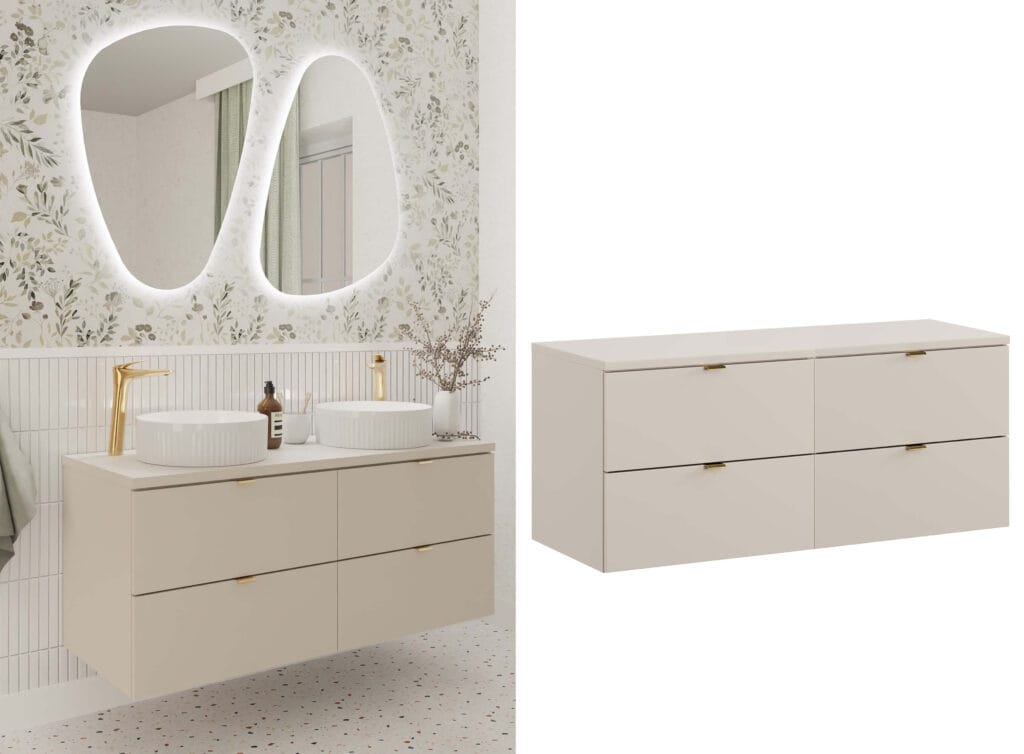 Double Vanity Unit Countertop Worktop 1200mm Modern Wall Mounted 4 Drawer Cabinet Floating Bathroom Beige - Dalia