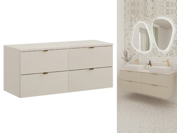 Double Vanity Unit Countertop Worktop 1200mm Modern Wall Mounted 4 Drawer Cabinet Floating Bathroom Beige - Dalia