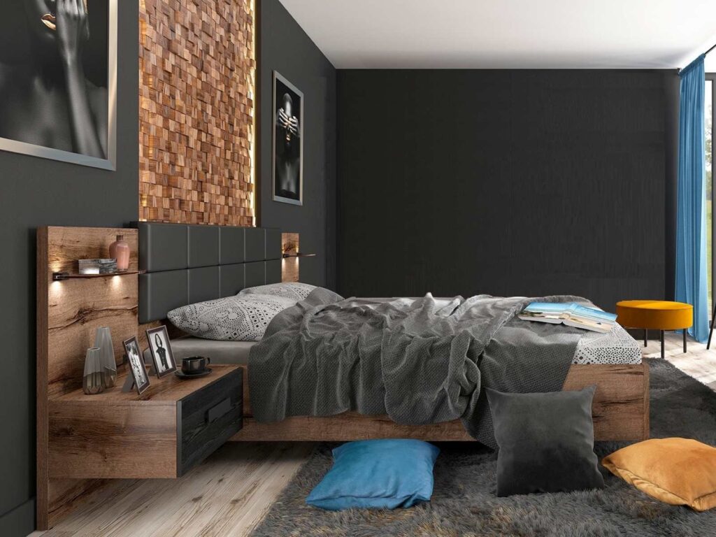 Double Ottoman Bed Frame Luxury Euro 140cm Lift Up Storage Bed Dark Oak Black Eco Leather Headboard - Kassel