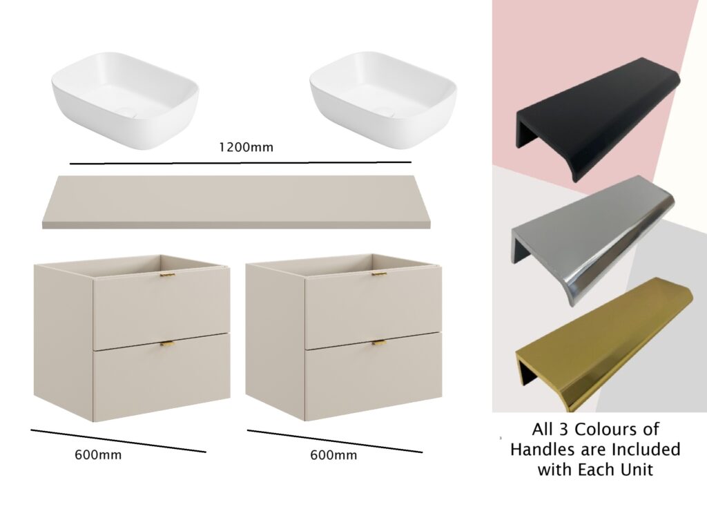 Bathroom Double Vanity with Sinks Beige 1200mm Cabinet Countertop Worktop Modern 4 Drawer Floating Unit - Dalia