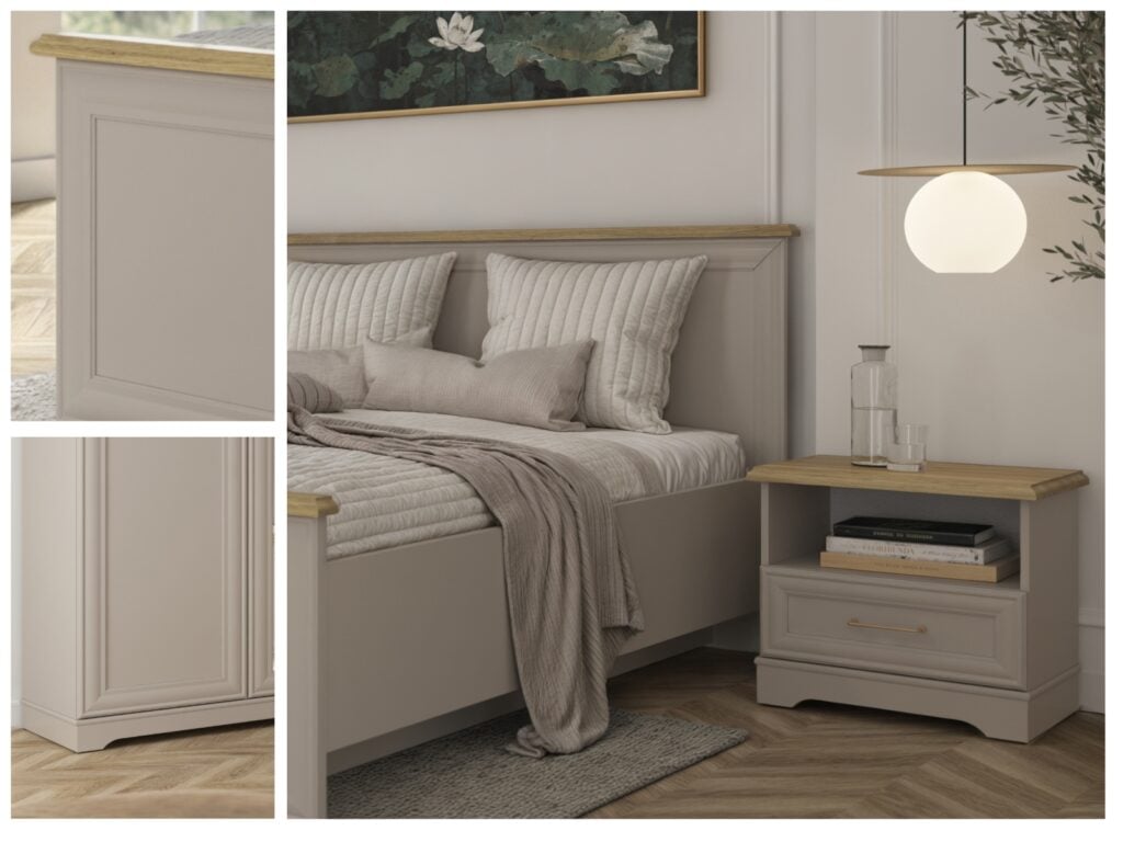 Ottoman Storage Bed King Size Lift Up Bedframe Euro 160cm Shaker Style Cashmere Beige and Mauvelle Oak - Anga