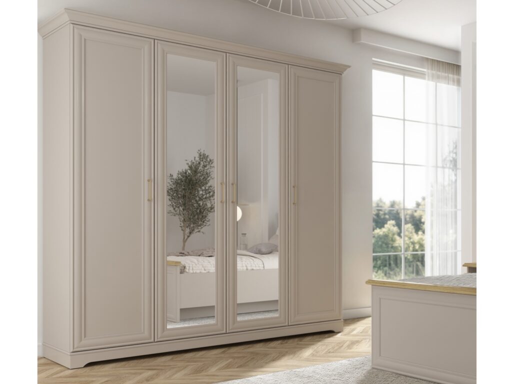 Large Mirror Wardrobe 4 Door Storage Cabinet Quadruple Wardrobe 2 Mirrored Doors Shaker Style Cashmere Beige - Anga