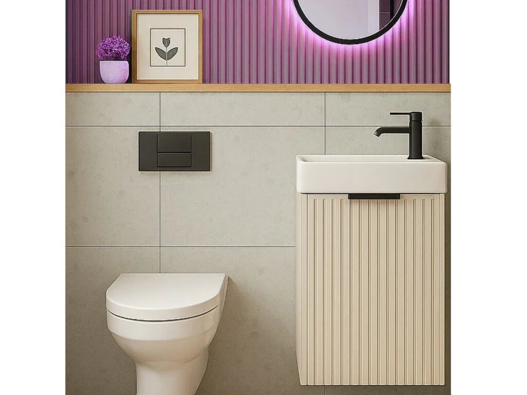 Wall Hung Cloakroom Vanity Unit Slimline Cashmere Beige Fluted 400mm Small Bathroom Sink Cabinet - Adel