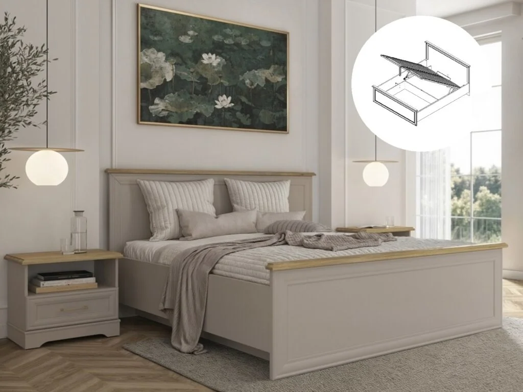 King Size Ottoman Bed with Bedside Tables Storage Cabinets Bedroom Furniture Set Euro 160cm Beige and Oak - Anga