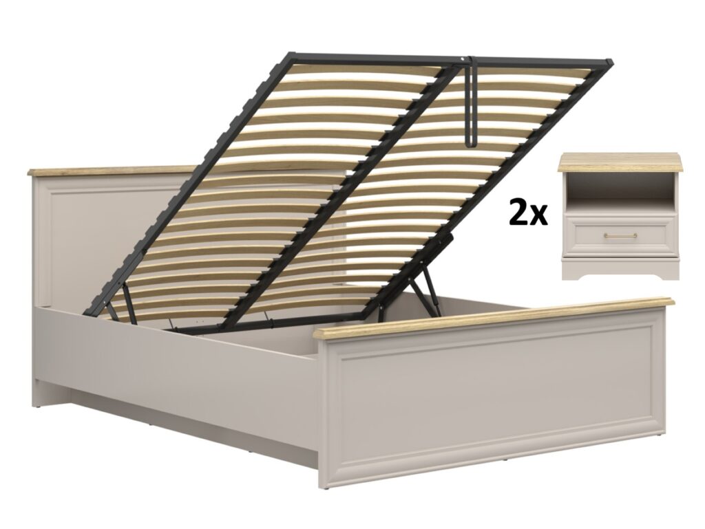 King Size Ottoman Bed with Bedside Tables Storage Cabinets Bedroom Furniture Set Euro 160cm Beige and Oak - Anga
