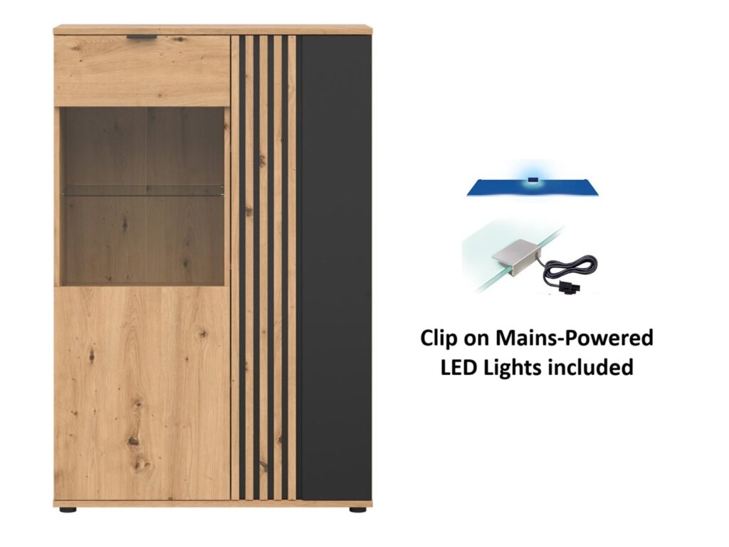 Glass Display Cabinet Living Room Storage Compact Shelf Unit LED Lights Black and Oak with Slats – Vabres