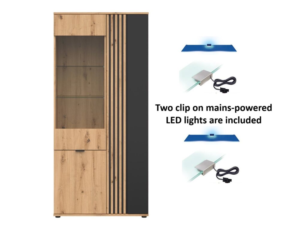 Living Room Furniture Set Sideboard Cabinet Tall Glass Display Cabinet LED Lights Black and Oak with Slats – Vabres