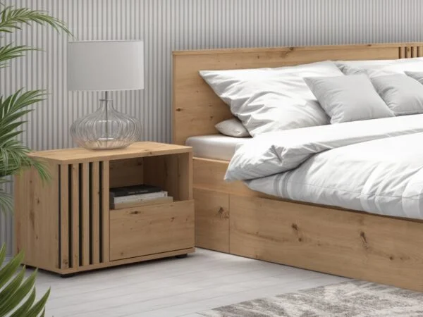 Bedside Cabinet LEFT storage side table compact oak and black matt slat panelling Vabres ROOMSHOT
