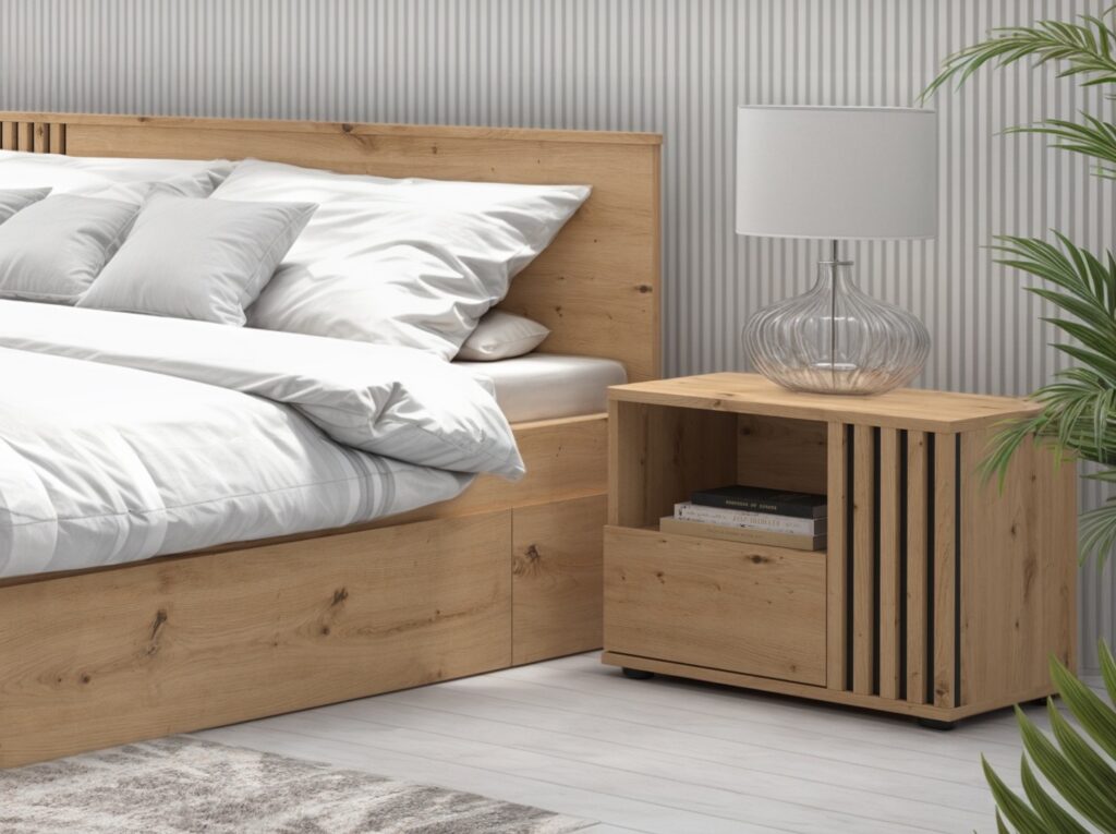 Bedside Cabinet Right Side Table Nightstand 1 Drawer Compact Storage Bedroom Unit Black and Oak with Slats – Vabres