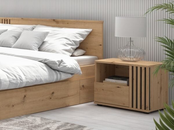- Bedside Cabinet RIGHT storage side table compact oak and black matt slat panelling Vabres FIRST IMAGE