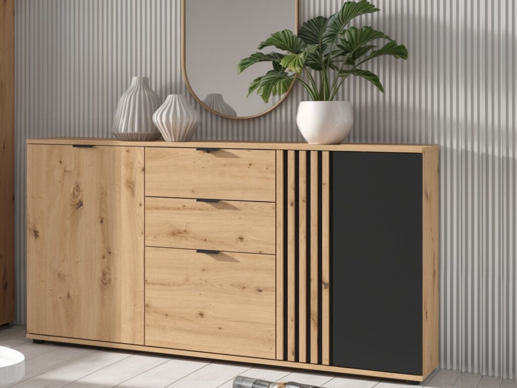 Sideboard Storage Cabinet Large Wide Chest of Drawers Bedroom Buffet 160cm Unit Black and Oak with Slats – Vabres