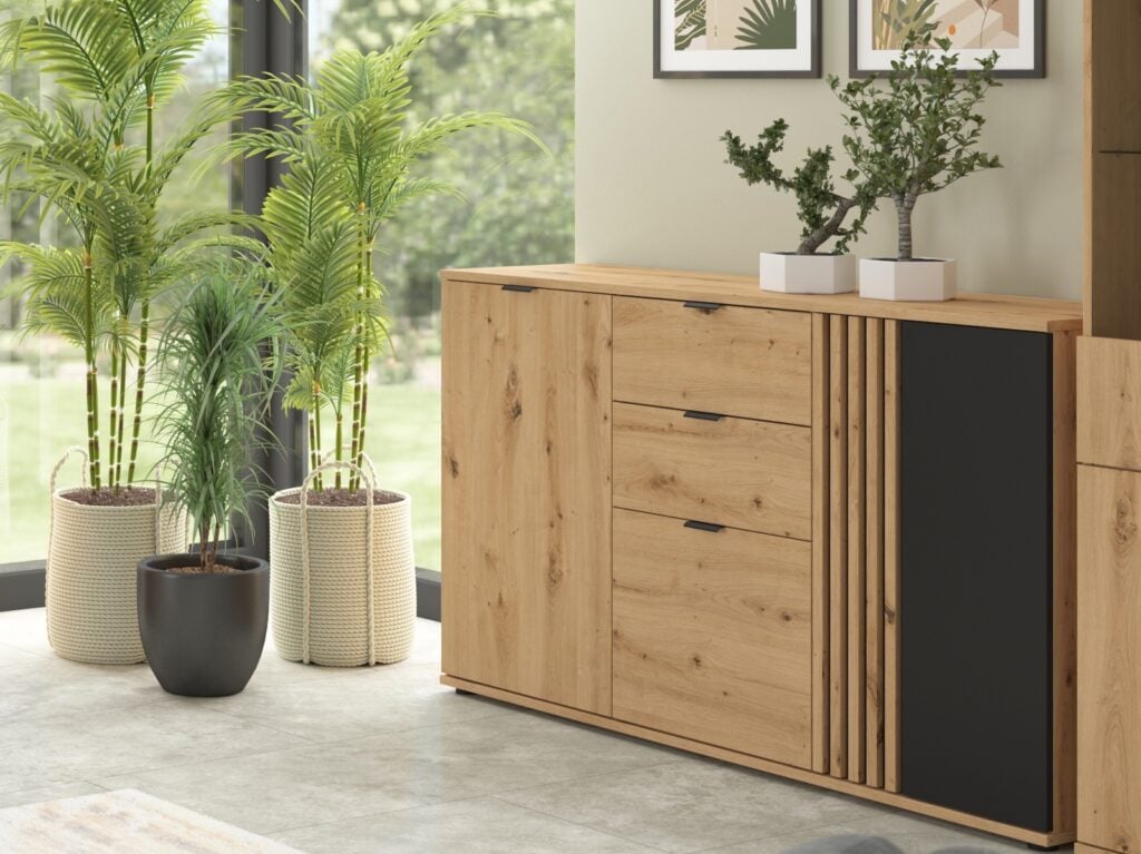 Hallway Storage Set Large Sideboard Cabinet and Triple Wardrobe Hall Unit Set Black and Oak with Slats – Vabres