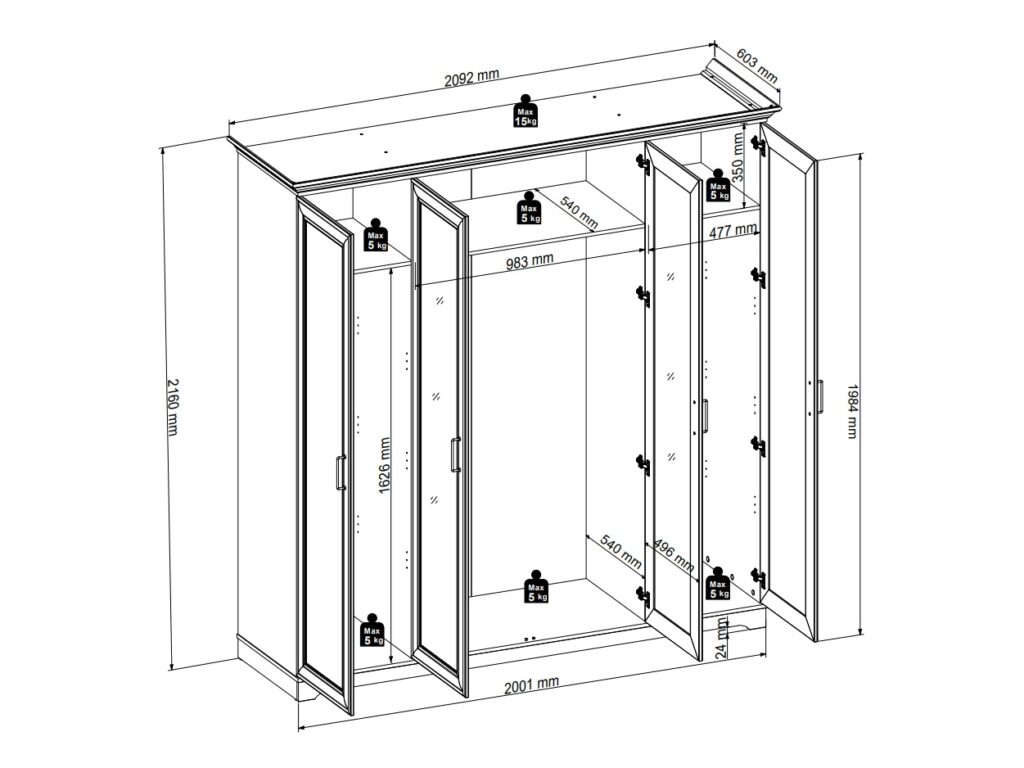 Large Mirror Wardrobe 4 Door Storage Cabinet Quadruple Wardrobe 2 Mirrored Doors Shaker Style Cashmere Beige - Anga