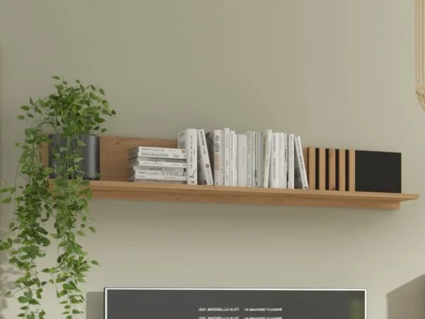 Floating Wall Shelf Storage Display Shelving 135cm Black and Oak with Slats – Vabres ROOMSHOT