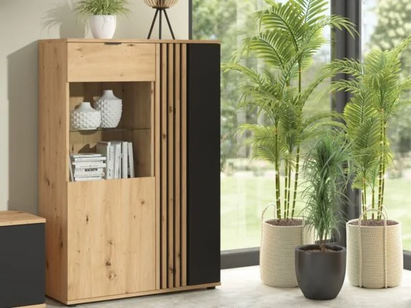 Glass Display Cabinet compact unit oak and black matt slat panelling LED Lights Vabres IN ROOM