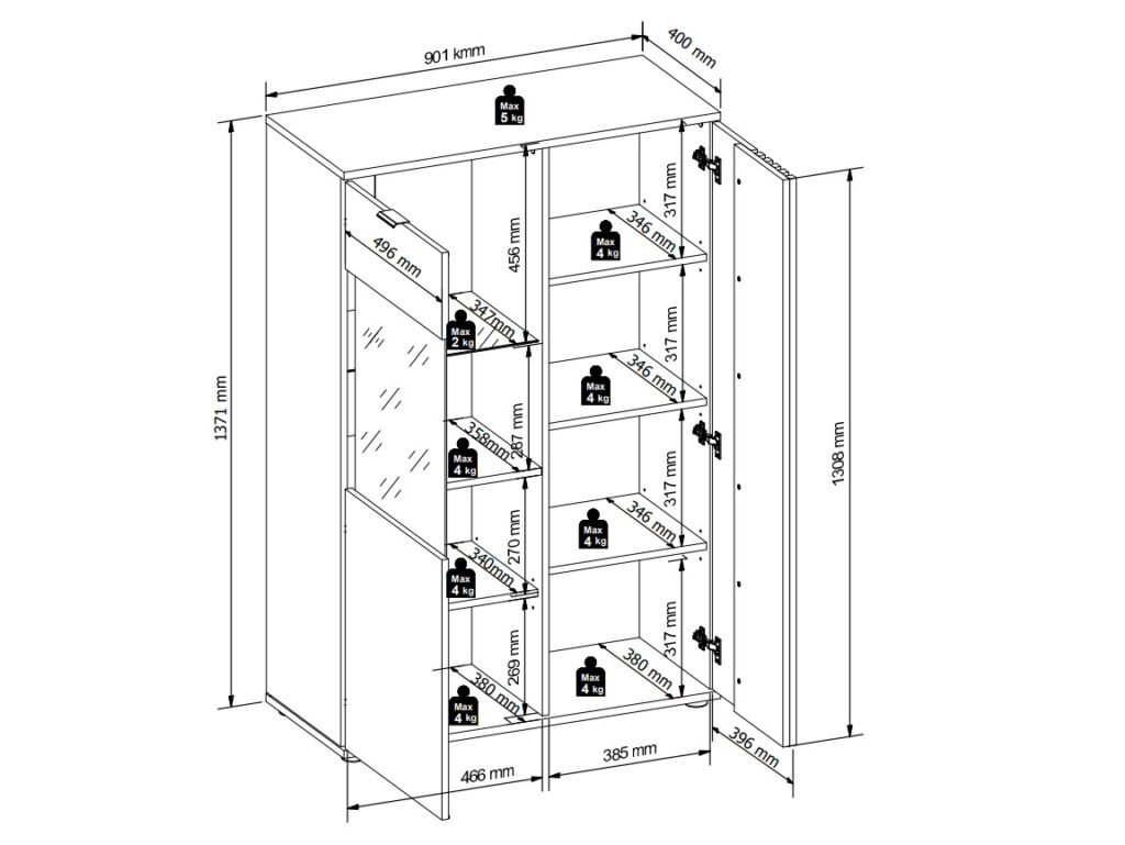 Glass Display Cabinet Living Room Storage Compact Shelf Unit LED Lights Black and Oak with Slats – Vabres