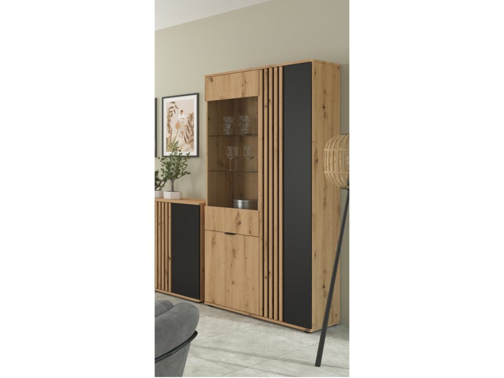 Tall Glass Display Cabinet Living Room Storage Compact Shelf Unit Ribbed Black and Oak with Slats – Vabres