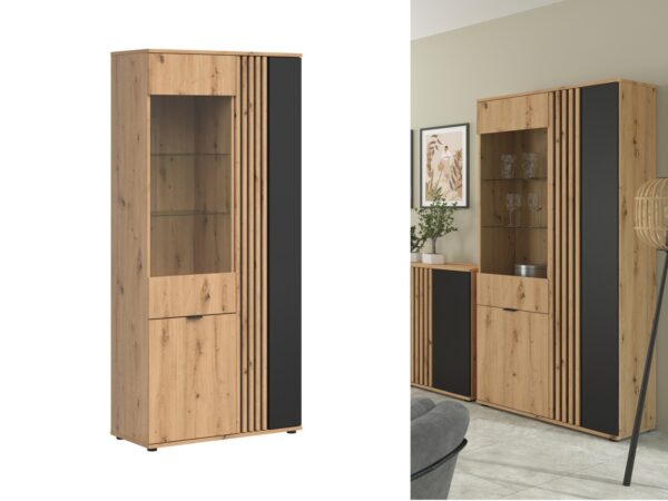 Glass Display Cabinet tall unit oak and black matt slat panelling Vabres collage
